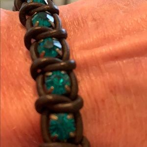 Leather teal crystal wrap bracelet